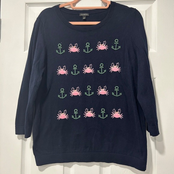 TALBOTS Embellished Crab Anchor Nautical 3/4 Sleeve Sweater‎ Women's size Large - Picture 1 of 8